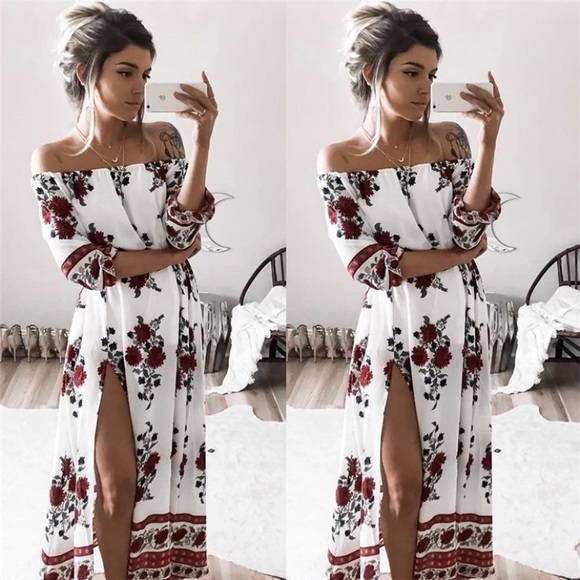 Dresses & Skirts - Boho Folklore Floral Off-Shoulder Midi Dress - NEW